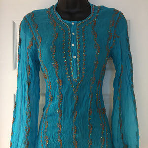 ANTHRO BOHO Turquoise IndianTunic Embroidery Sequins Stretchy Gauze Small
